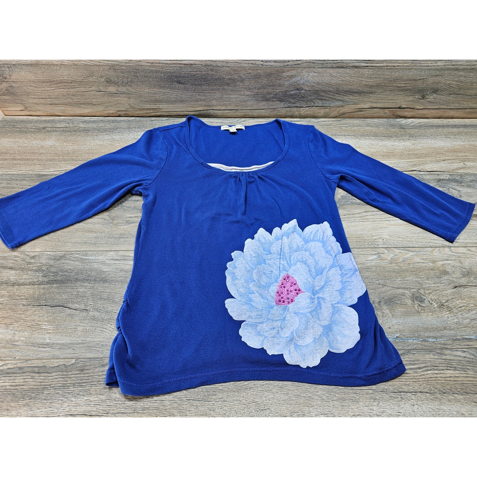 Carolyn Taylor Women's 3/4 Sleeve Pullover Floral Top Blue Size M